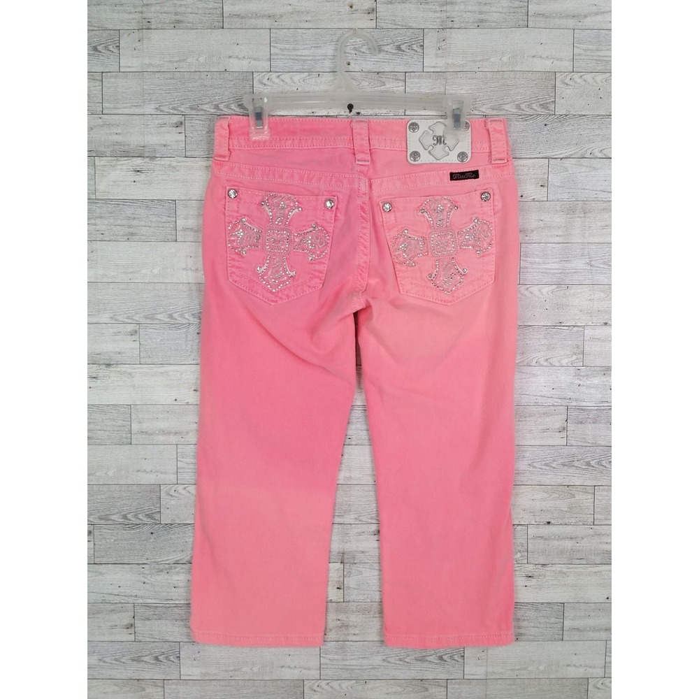 Miss Me Capri Jeans Neon Pink Women's 28x20 Cross Rhinestone Cropped Denim